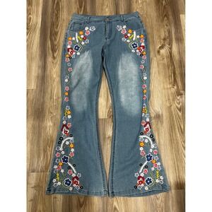 Floral Embroidered Flare Jeans Medium Wash Boho Bell Bottoms Wide Leg Denim